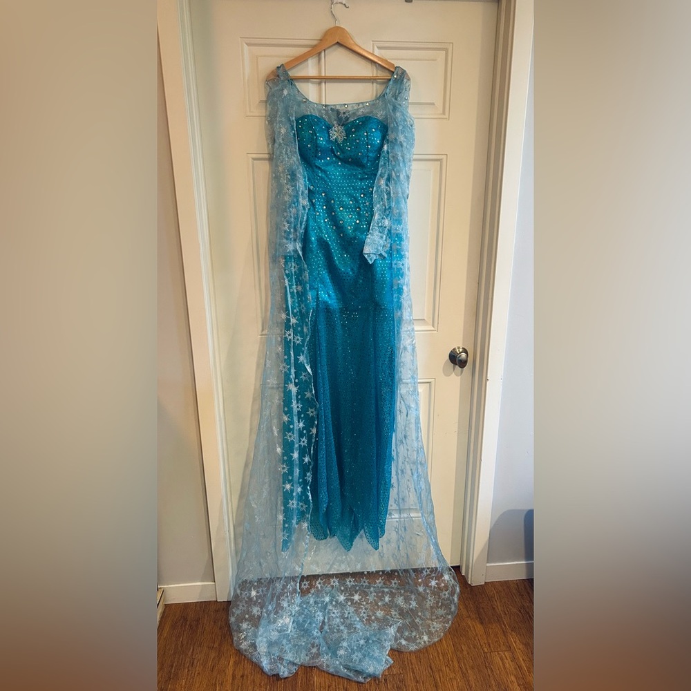 Adult Elsa Frozen Costume Blue Sequin Dress w/ Snowflake Cape & Blonde